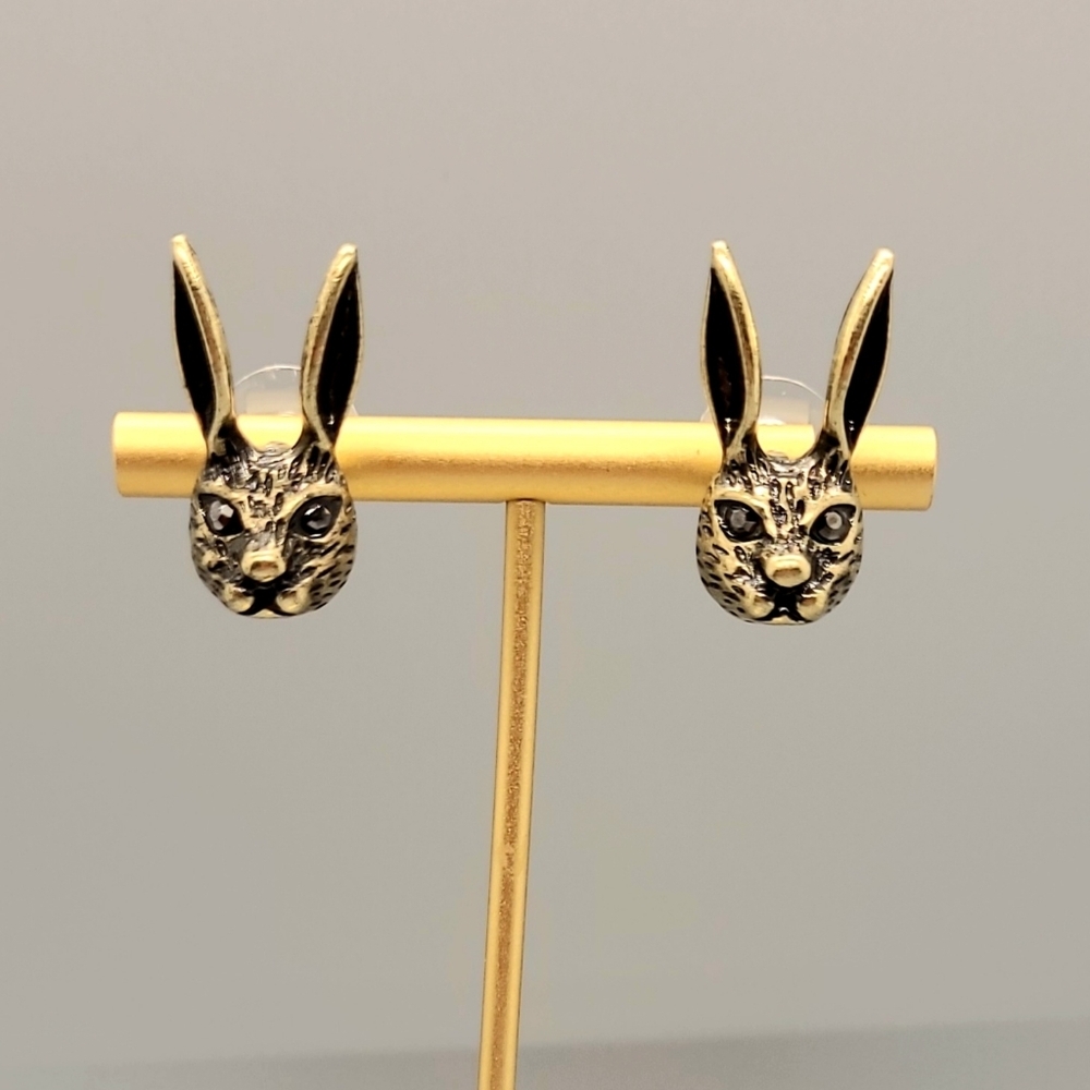 Vintage Estate Bunny Rabbit Crystal Stud Gold Earrings - Picture 9 of 16